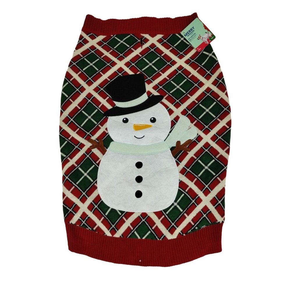 Merrry Makings Dog XXL Holiday Snowman Pet Sweater Red and Green Tartan Plaid